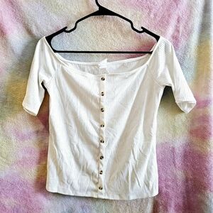 H&M White Slightly Off-The-Shoulder Button Down Blouse - Size M